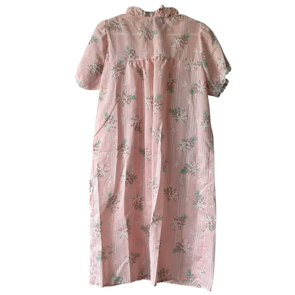 Vintage Ballet New York Pink Floral Nightgown Lace Yoke Short Sleeve Cottagecore - Picture 7 of 10